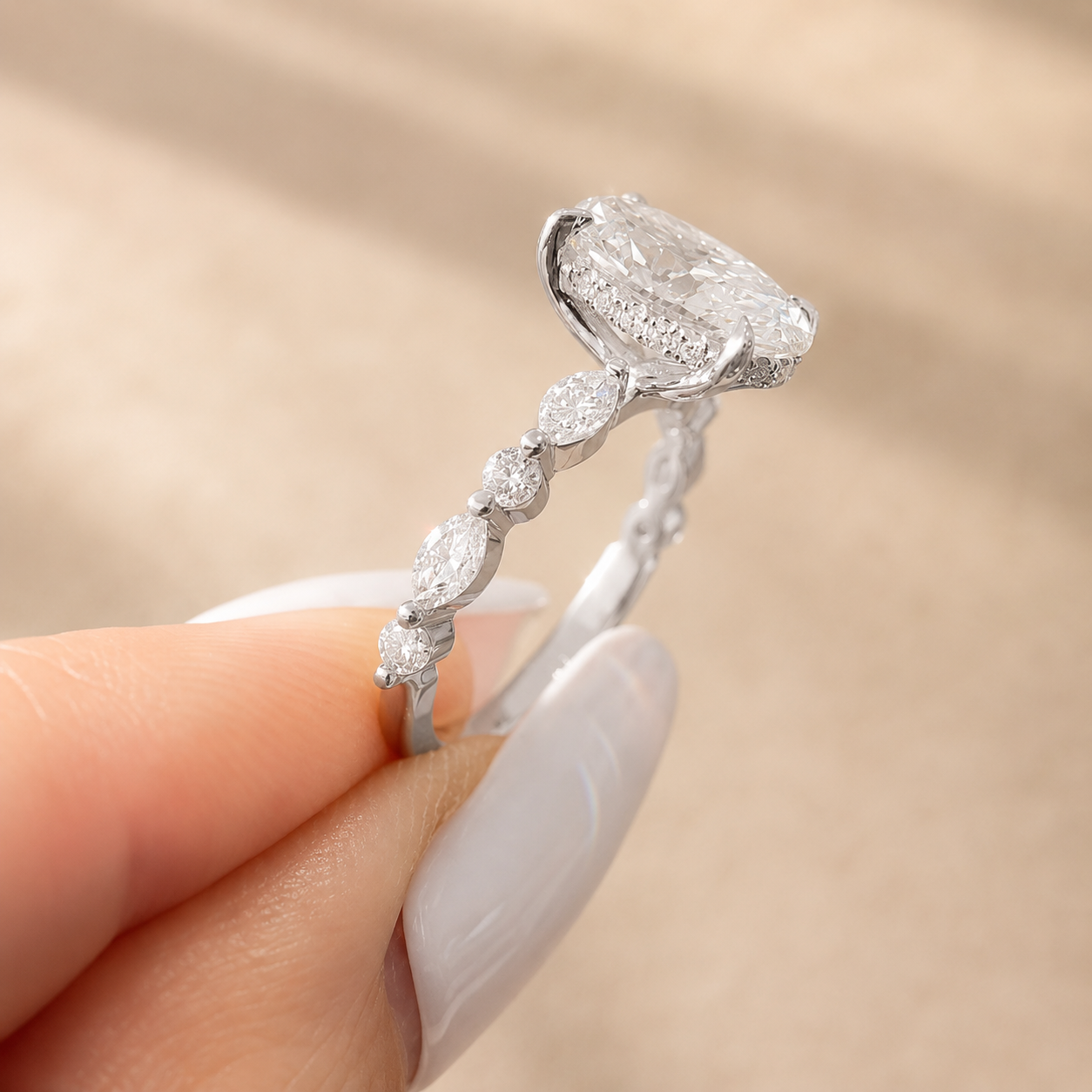 3.00 CT Oval Lab-Grown Diamond Hidden Halo Engagement Ring in 14K White Gold – Marquise Pavé Half Eternity Design