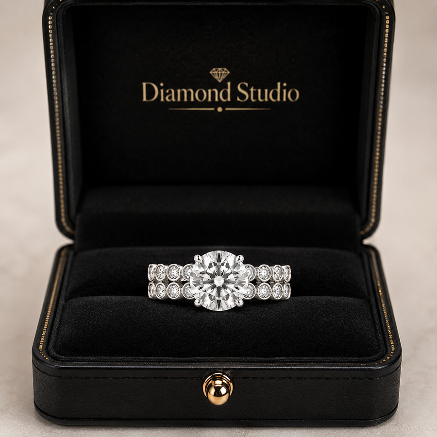 2.50 CT Round Lab-Grown Diamond 2PCS Art Deco Bridal Set in 14K White Gold – Matching Wedding Band Engagement Ring Design