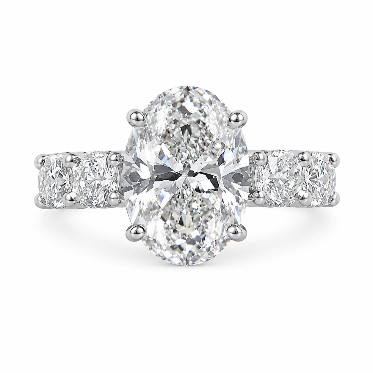 4.00 CT Oval Lab-Grown Diamond Hidden Halo Engagement Ring in 14K White Gold – Round Side Stone Anniversary Design
