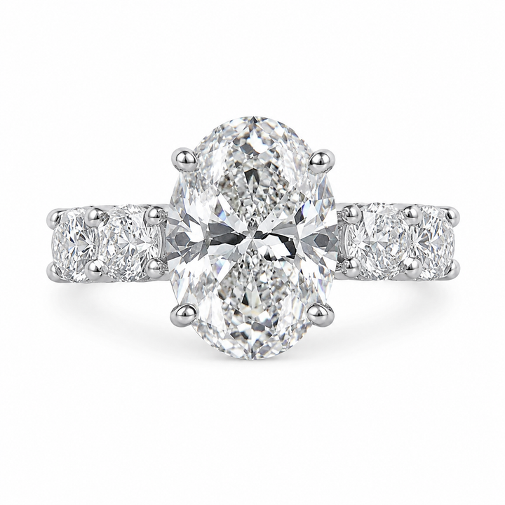 4.00 CT Oval Lab-Grown Diamond Hidden Halo Engagement Ring in 14K White Gold â€“ Round Side Stone Anniversary Design from Diamond Studio