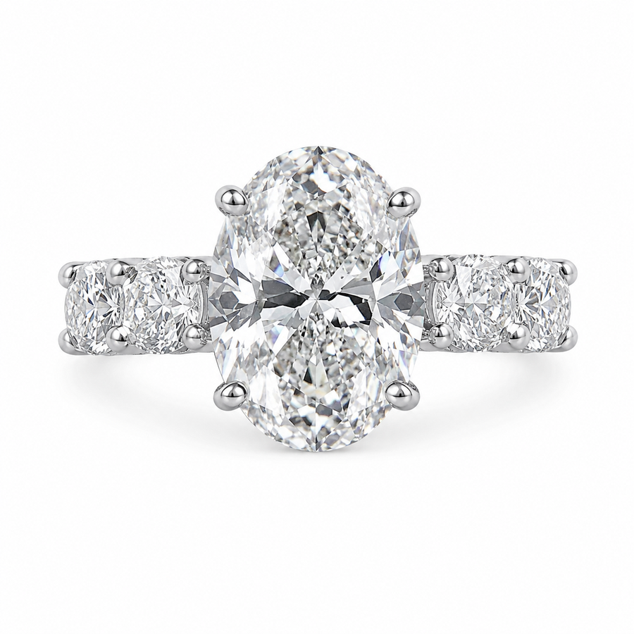4.00 CT Oval Lab-Grown Diamond Hidden Halo Engagement Ring in 14K White Gold – Round Side Stone Anniversary Design