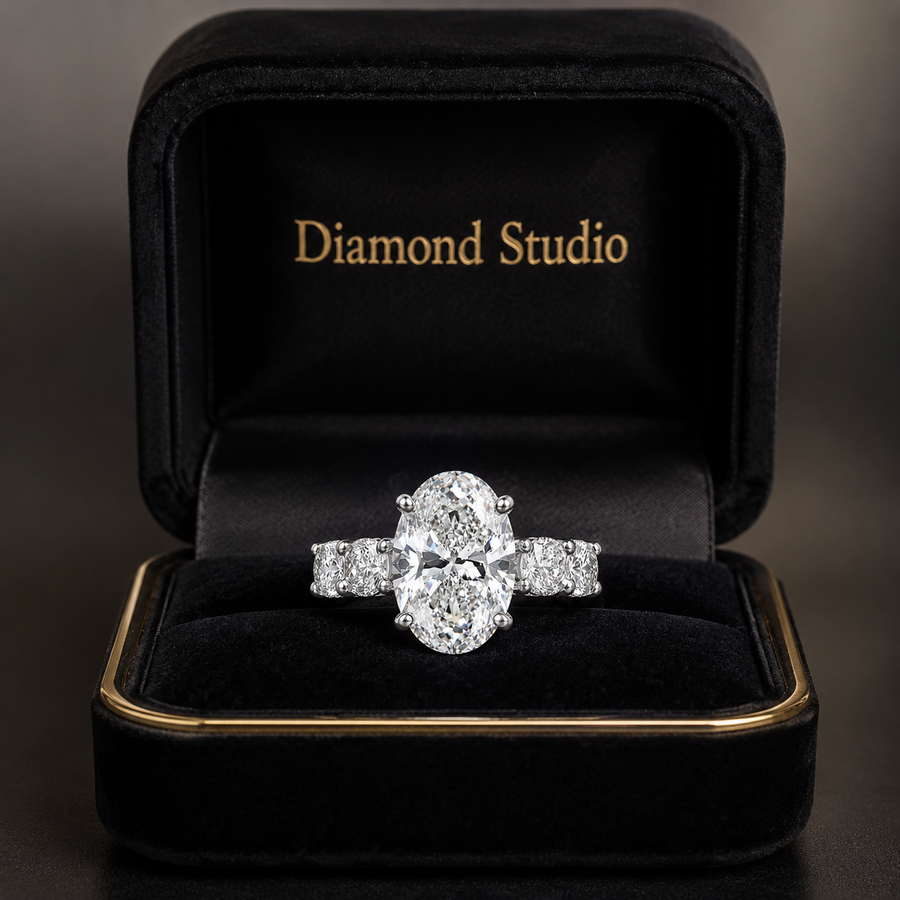 4.00 CT Oval Lab-Grown Diamond Hidden Halo Engagement Ring in 14K White Gold – Round Side Stone Anniversary Design