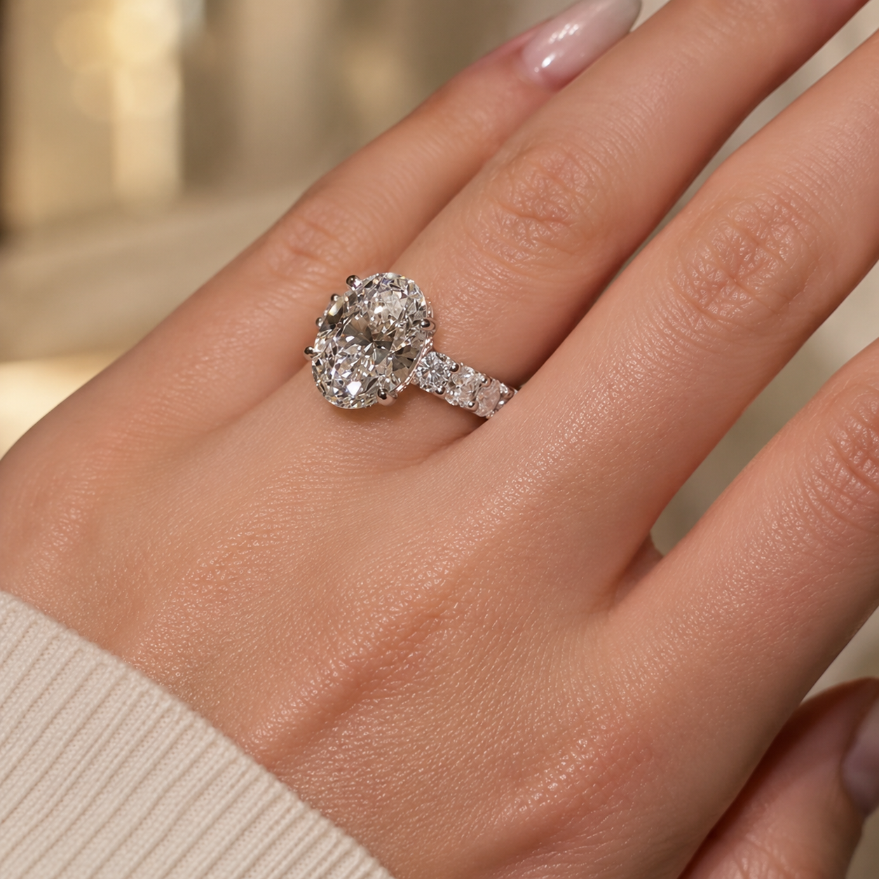 4.00 CT Oval Lab-Grown Diamond Hidden Halo Engagement Ring in 14K White Gold – Round Side Stone Anniversary Design