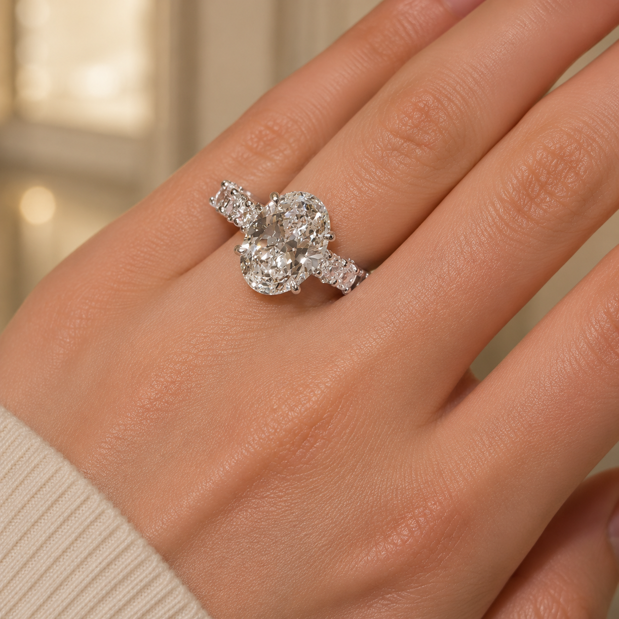 4.00 CT Oval Lab-Grown Diamond Hidden Halo Engagement Ring in 14K White Gold – Round Side Stone Anniversary Design