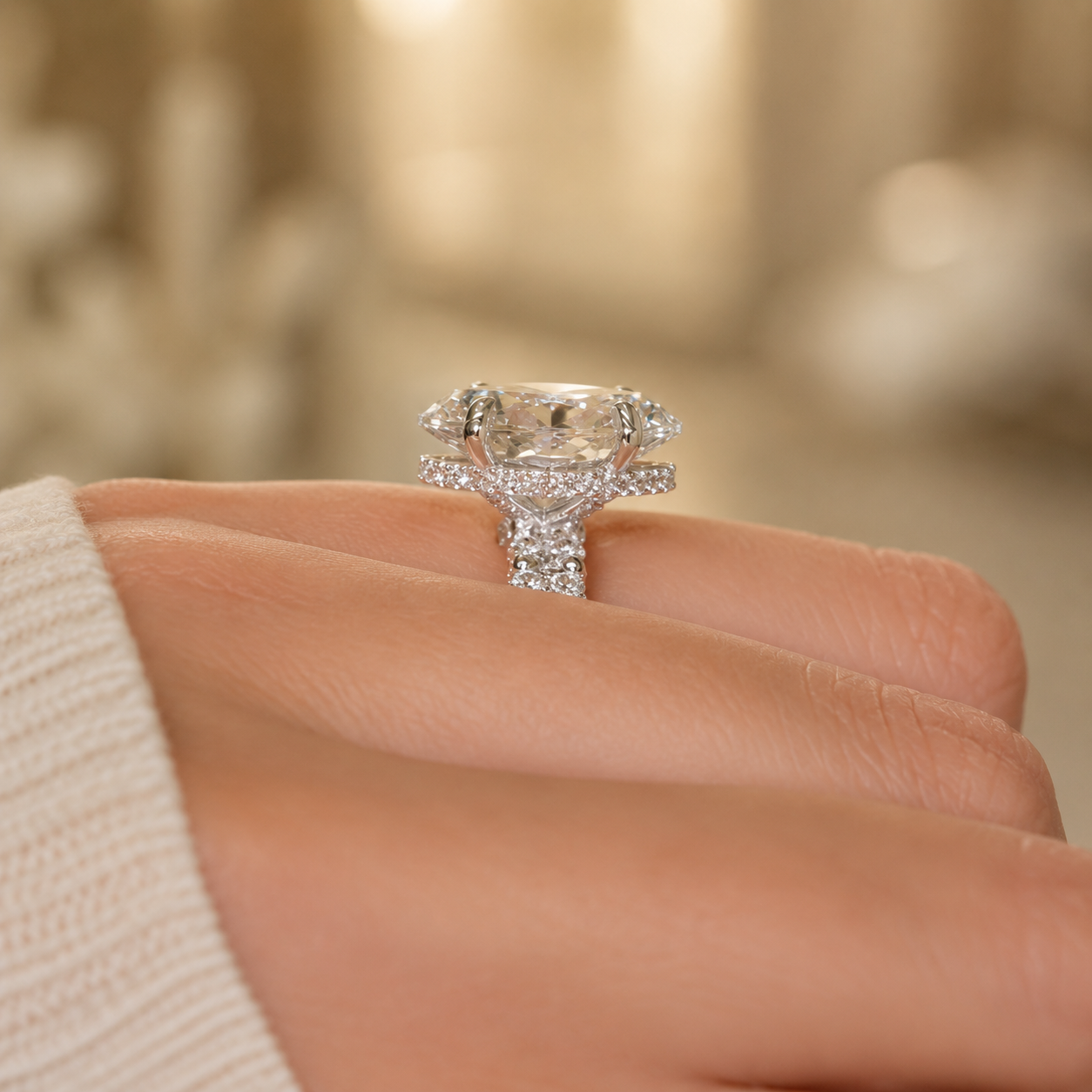 4.00 CT Oval Lab-Grown Diamond Hidden Halo Engagement Ring in 14K White Gold – Round Side Stone Anniversary Design