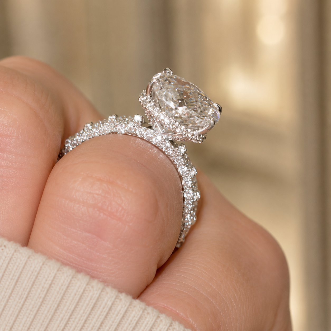 4.00 CT Oval Lab-Grown Diamond Hidden Halo Engagement Ring in 14K White Gold – Round Side Stone Anniversary Design