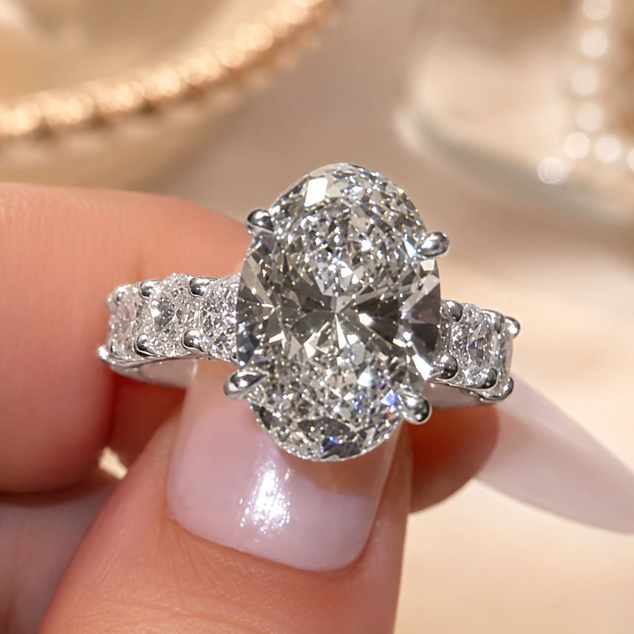 4.00 CT Oval Lab-Grown Diamond Hidden Halo Engagement Ring in 14K White Gold – Round Side Stone Anniversary Design