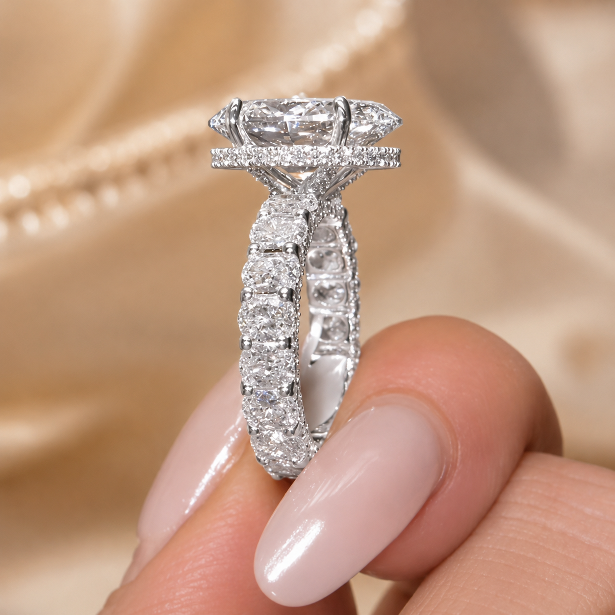 4.00 CT Oval Lab-Grown Diamond Hidden Halo Engagement Ring in 14K White Gold – Round Side Stone Anniversary Design