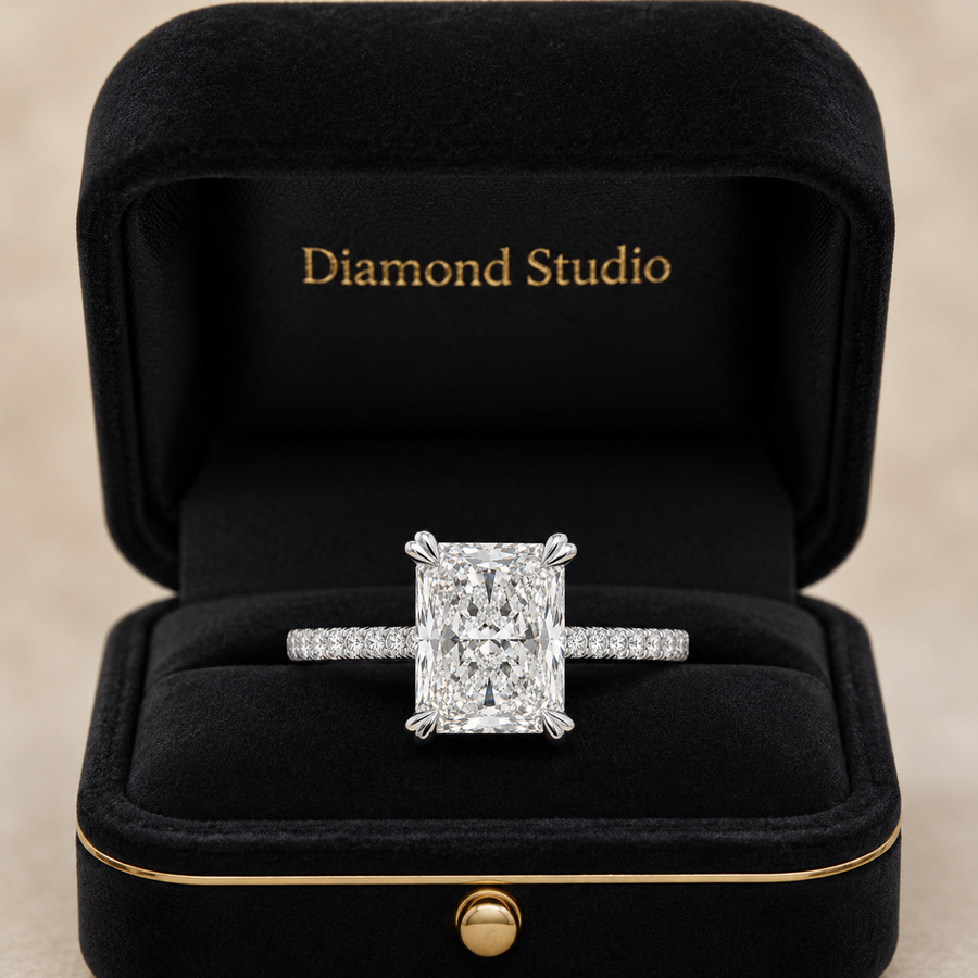 3.50 CT Radiant Cut Lab-Grown Diamond Hidden Halo Engagement Ring in 14K White Gold – IGI Certified Solitaire Design