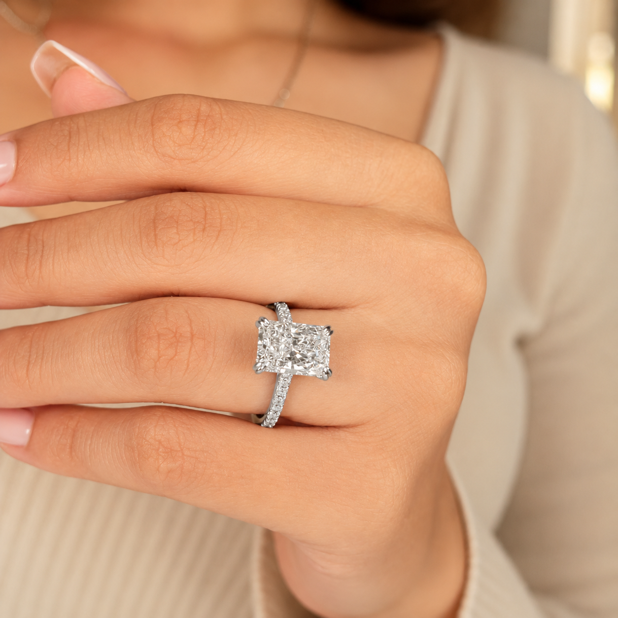 3.50 CT Radiant Cut Lab-Grown Diamond Hidden Halo Engagement Ring in 14K White Gold – IGI Certified Solitaire Design