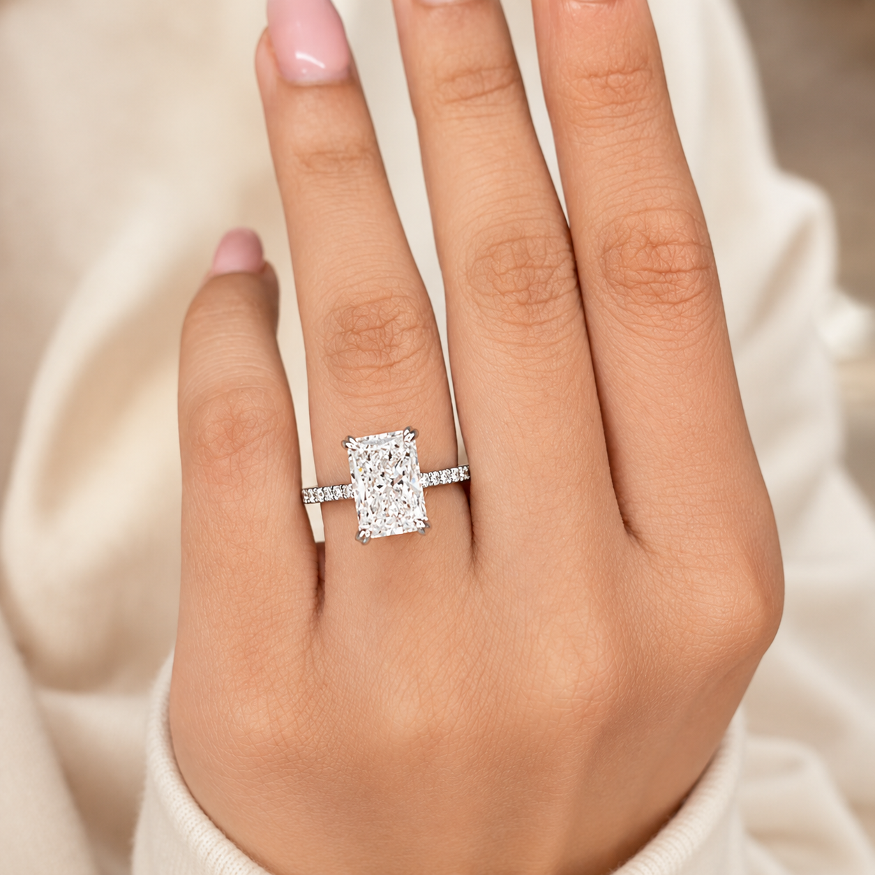 3.50 CT Radiant Cut Lab-Grown Diamond Hidden Halo Engagement Ring in 14K White Gold – IGI Certified Solitaire Design