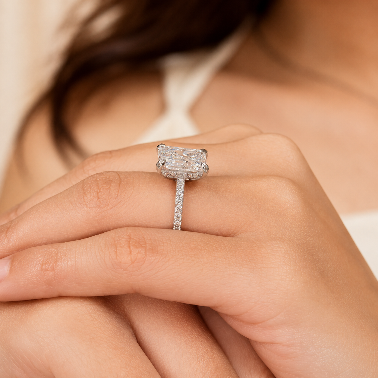 3.50 CT Radiant Cut Lab-Grown Diamond Hidden Halo Engagement Ring in 14K White Gold – IGI Certified Solitaire Design