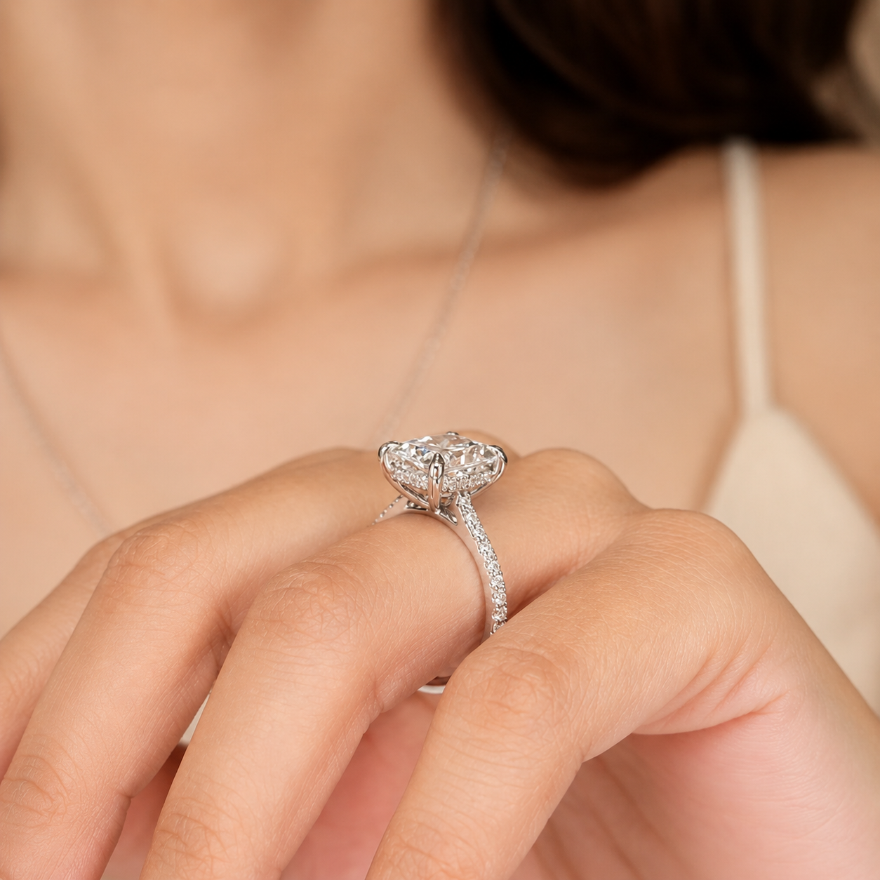 3.50 CT Radiant Cut Lab-Grown Diamond Hidden Halo Engagement Ring in 14K White Gold – IGI Certified Solitaire Design