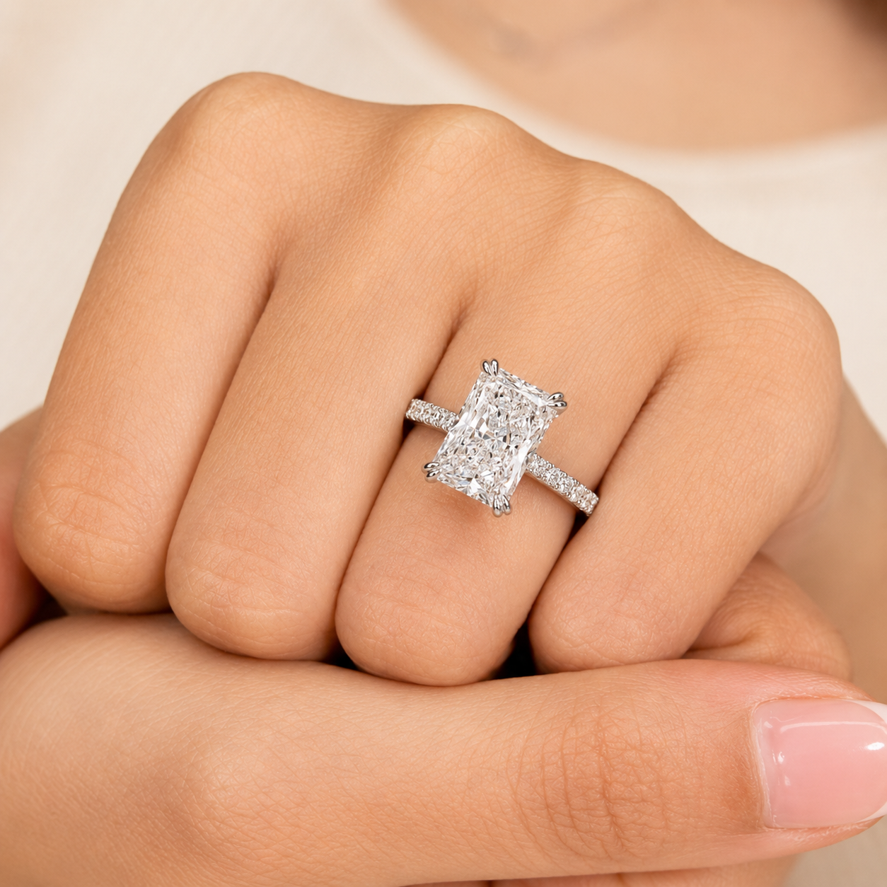 3.50 CT Radiant Cut Lab-Grown Diamond Hidden Halo Engagement Ring in 14K White Gold – IGI Certified Solitaire Design