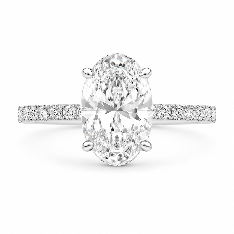 4.00 CT Oval Lab-Grown Diamond Hidden Halo Engagement Ring in 14K White Gold – Cathedral Setting | IGI Certified
