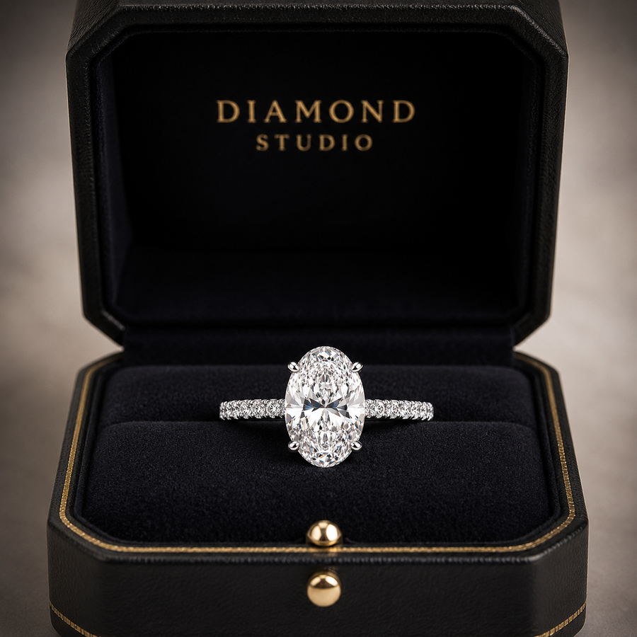 4.00 CT Oval Lab-Grown Diamond Hidden Halo Engagement Ring in 14K White Gold – Cathedral Setting | IGI Certified