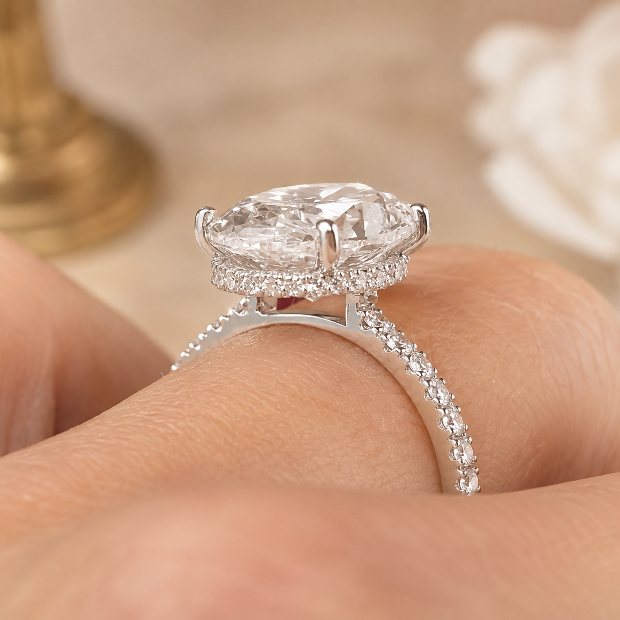 4.00 CT Oval Lab-Grown Diamond Hidden Halo Engagement Ring in 14K White Gold – Cathedral Setting | IGI Certified