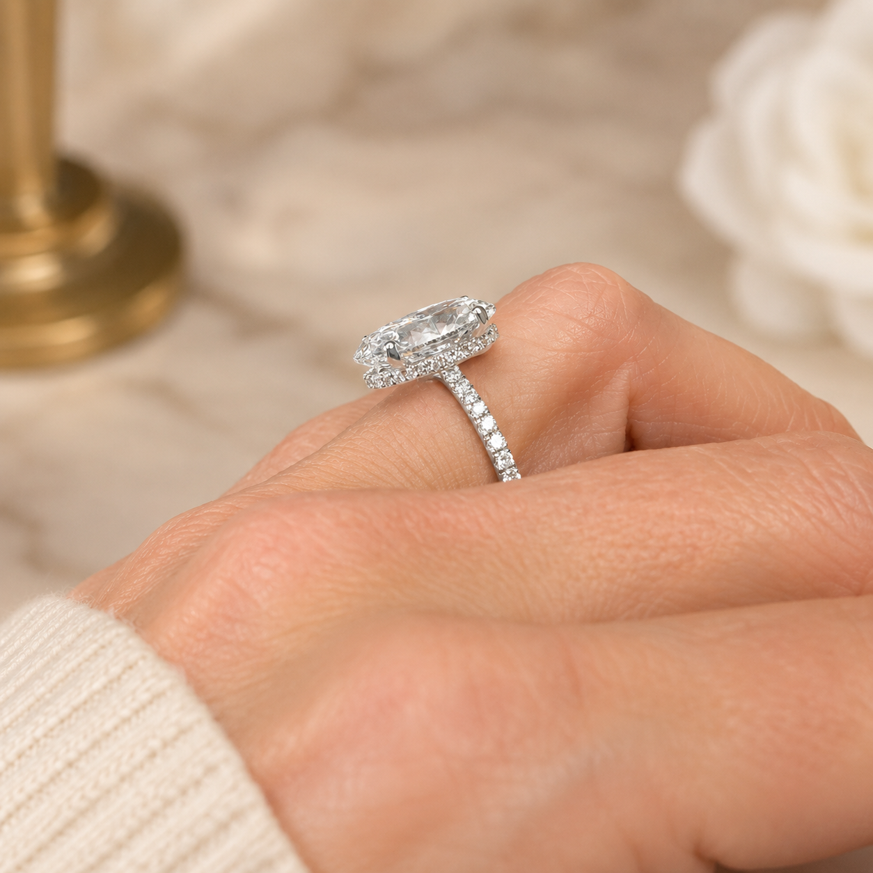 4.00 CT Oval Lab-Grown Diamond Hidden Halo Engagement Ring in 14K White Gold – Cathedral Setting | IGI Certified