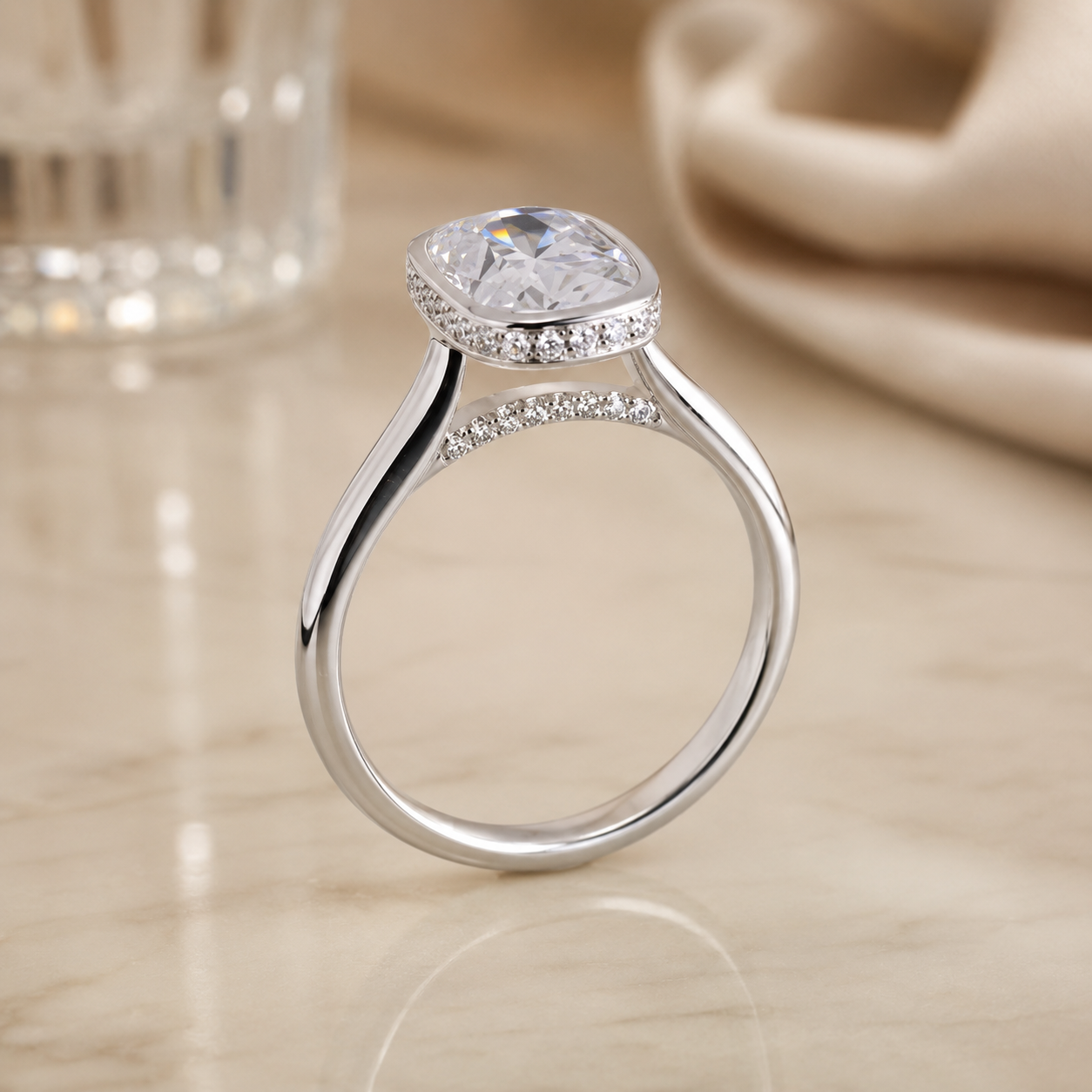 2.50 CT Elongated Cushion Cut Lab-Grown Diamond Hidden Halo Engagement Ring in 14K White Gold – Bridge Accent Cathedral Design