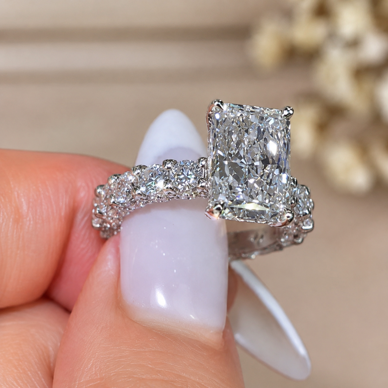 4.00 CT Radiant Cut Lab-Grown Diamond Hidden Halo Engagement Ring in 14K White Gold – Statement Bridal Design