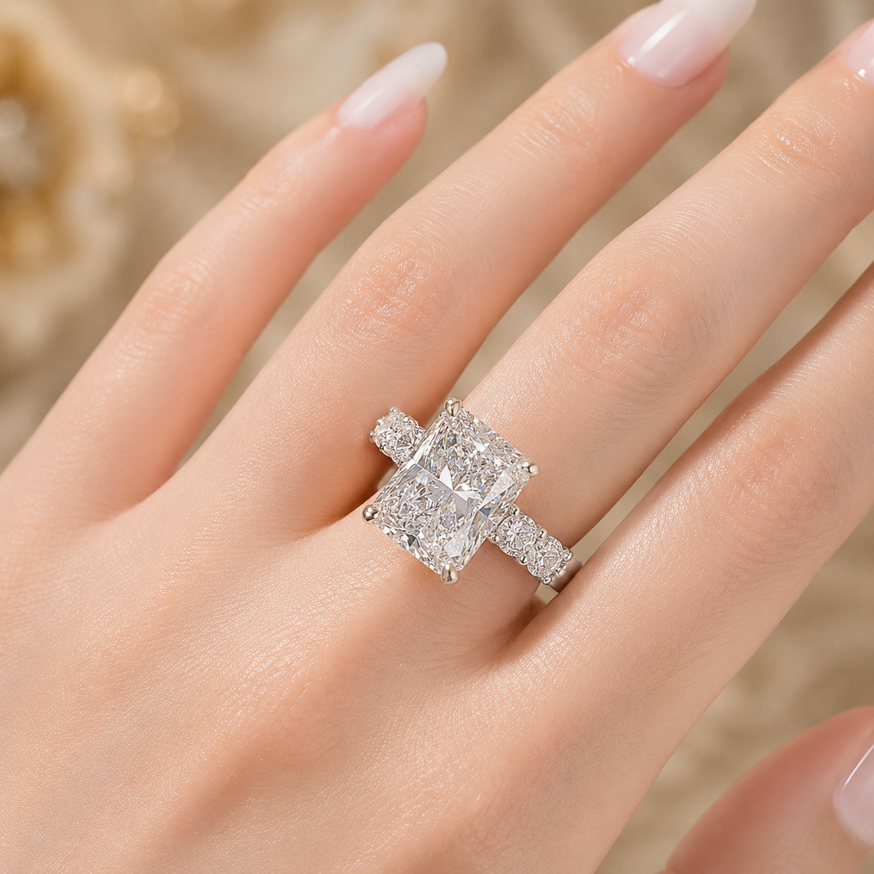 4.00 CT Radiant Cut Lab-Grown Diamond Hidden Halo Engagement Ring in 14K White Gold – Statement Bridal Design
