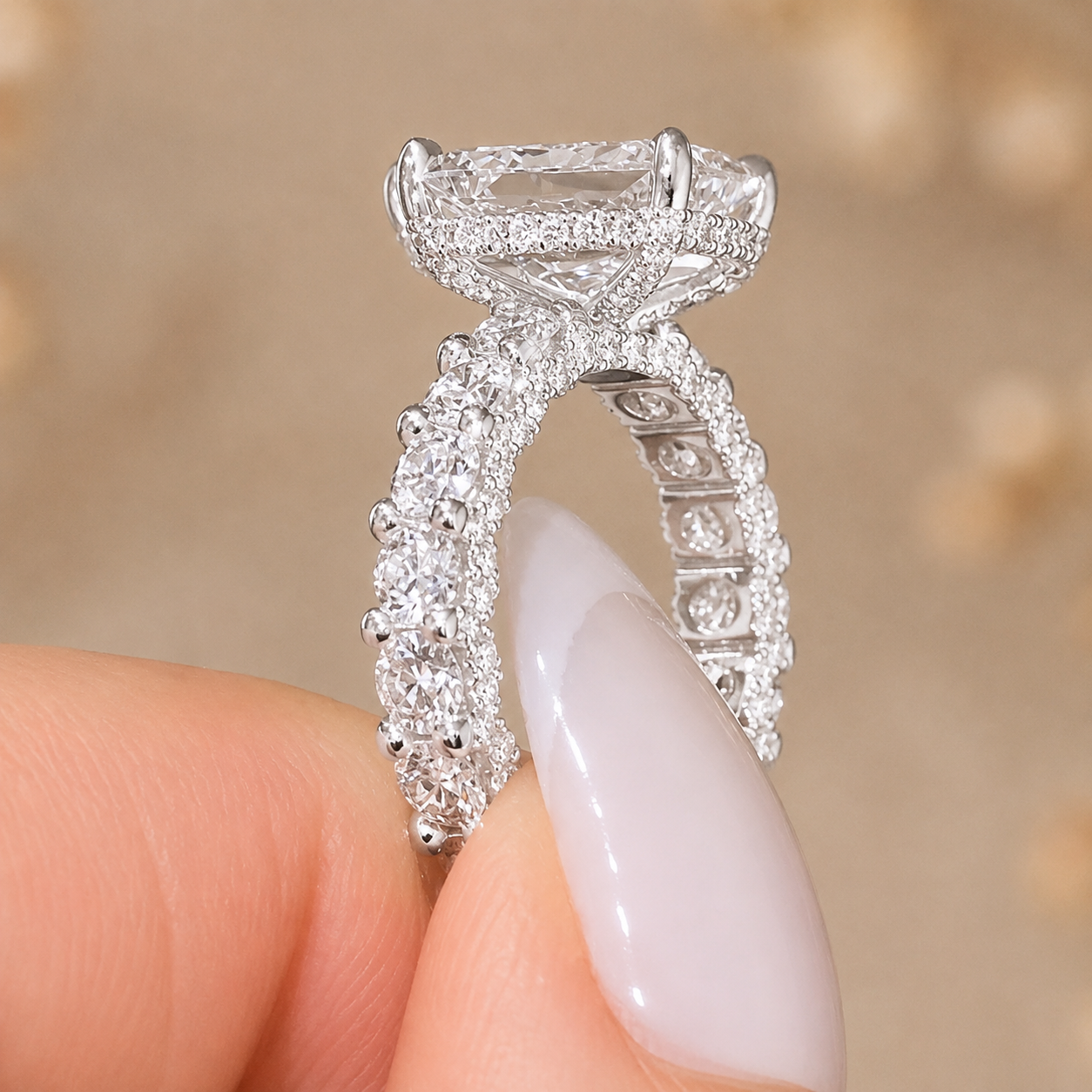 4.00 CT Radiant Cut Lab-Grown Diamond Hidden Halo Engagement Ring in 14K White Gold – Statement Bridal Design