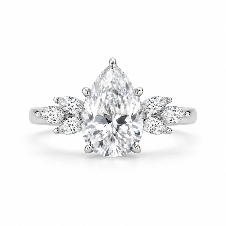 2.50 CT Pear Cut Lab-Grown Diamond Hidden Halo Engagement Ring in 14K White Gold â€“ Marquise Accent Bridal Design from Diamond Studio