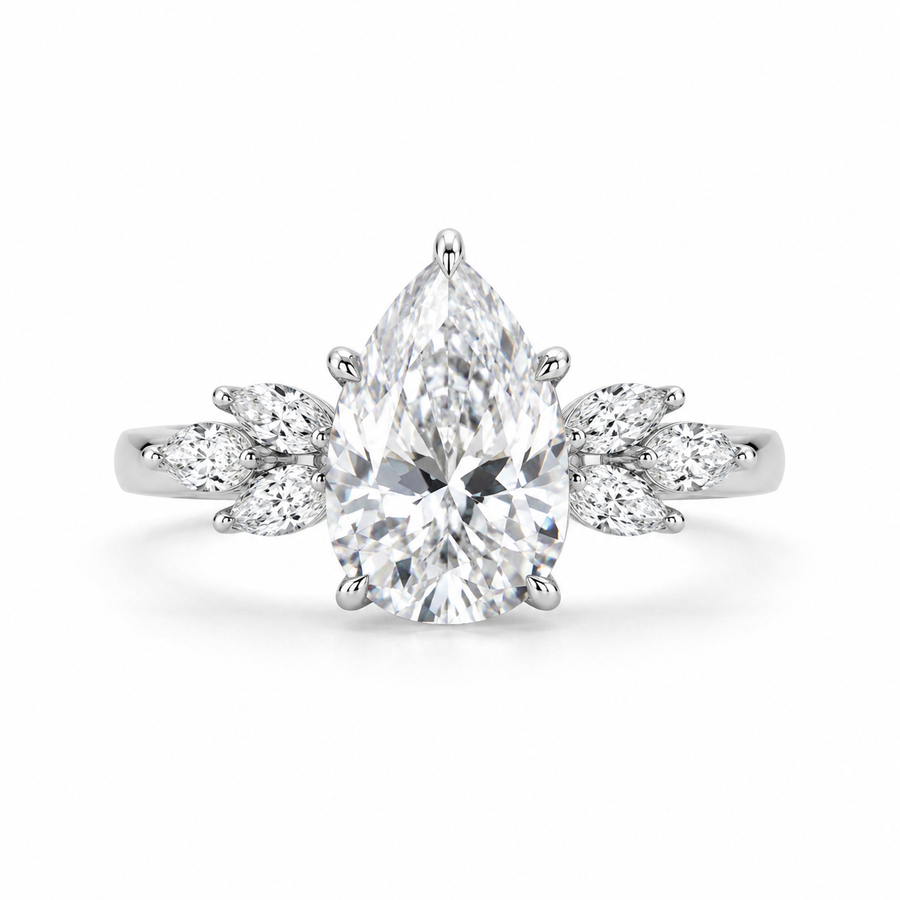 2.50 CT Pear Cut Lab-Grown Diamond Hidden Halo Engagement Ring in 14K White Gold – Marquise Accent Bridal Design
