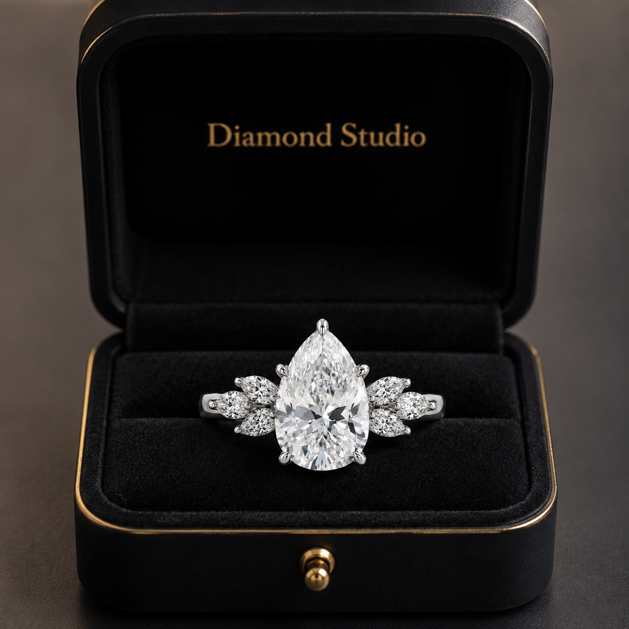 2.50 CT Pear Cut Lab-Grown Diamond Hidden Halo Engagement Ring in 14K White Gold – Marquise Accent Bridal Design