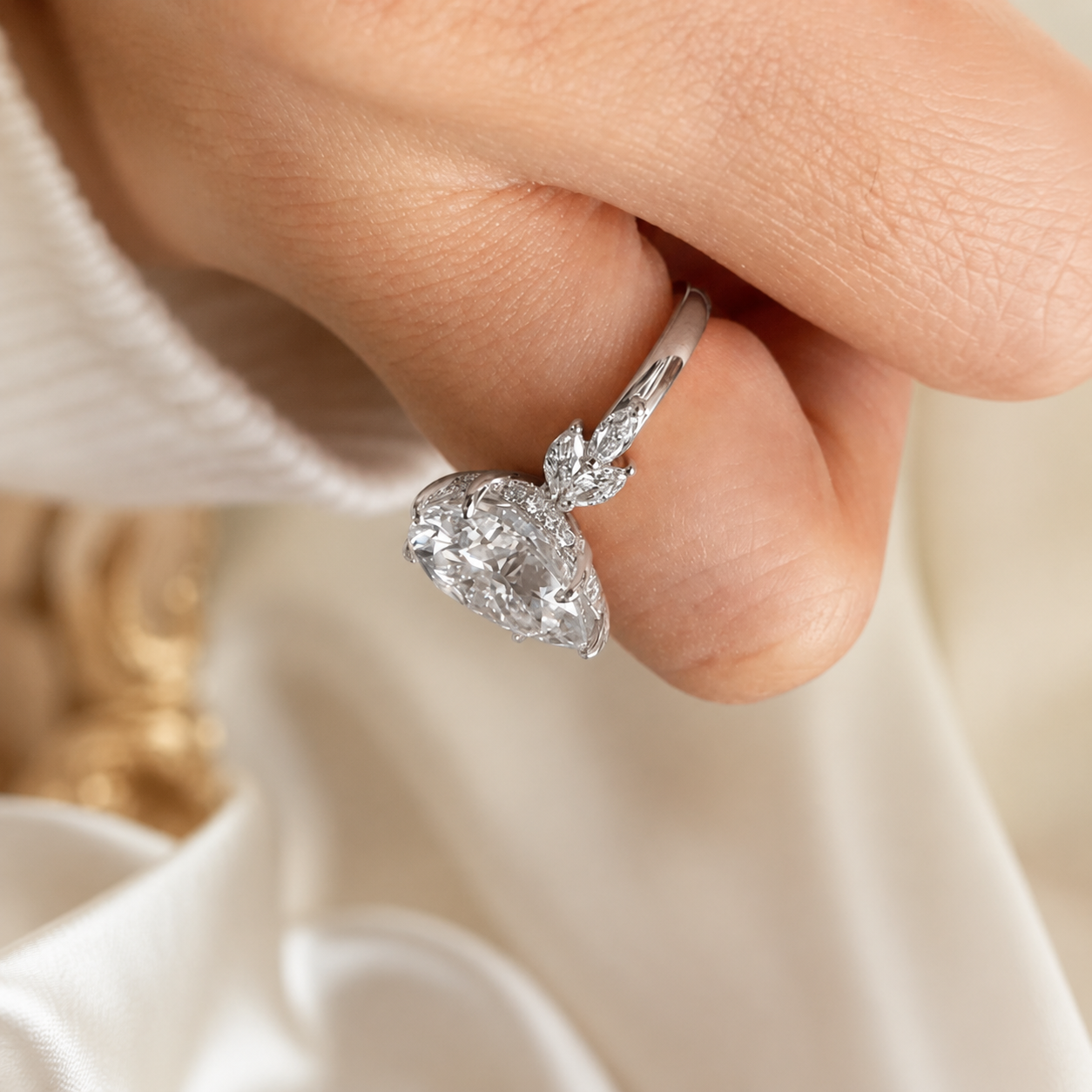 2.50 CT Pear Cut Lab-Grown Diamond Hidden Halo Engagement Ring in 14K White Gold – Marquise Accent Bridal Design