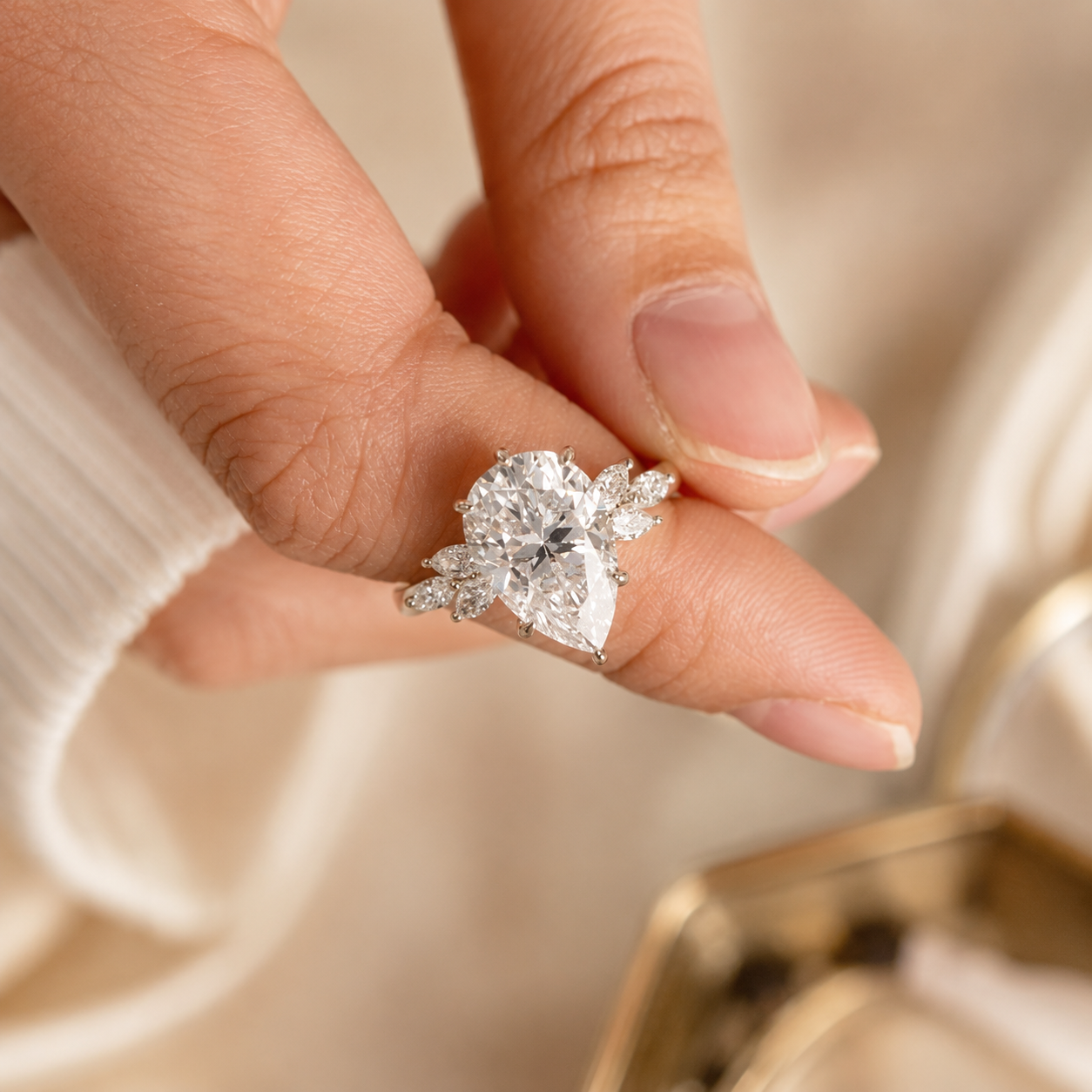 2.50 CT Pear Cut Lab-Grown Diamond Hidden Halo Engagement Ring in 14K White Gold – Marquise Accent Bridal Design