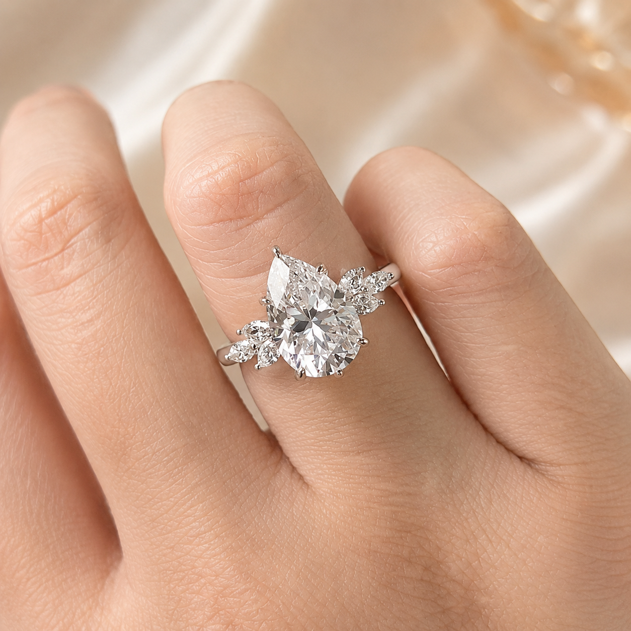 2.50 CT Pear Cut Lab-Grown Diamond Hidden Halo Engagement Ring in 14K White Gold – Marquise Accent Bridal Design