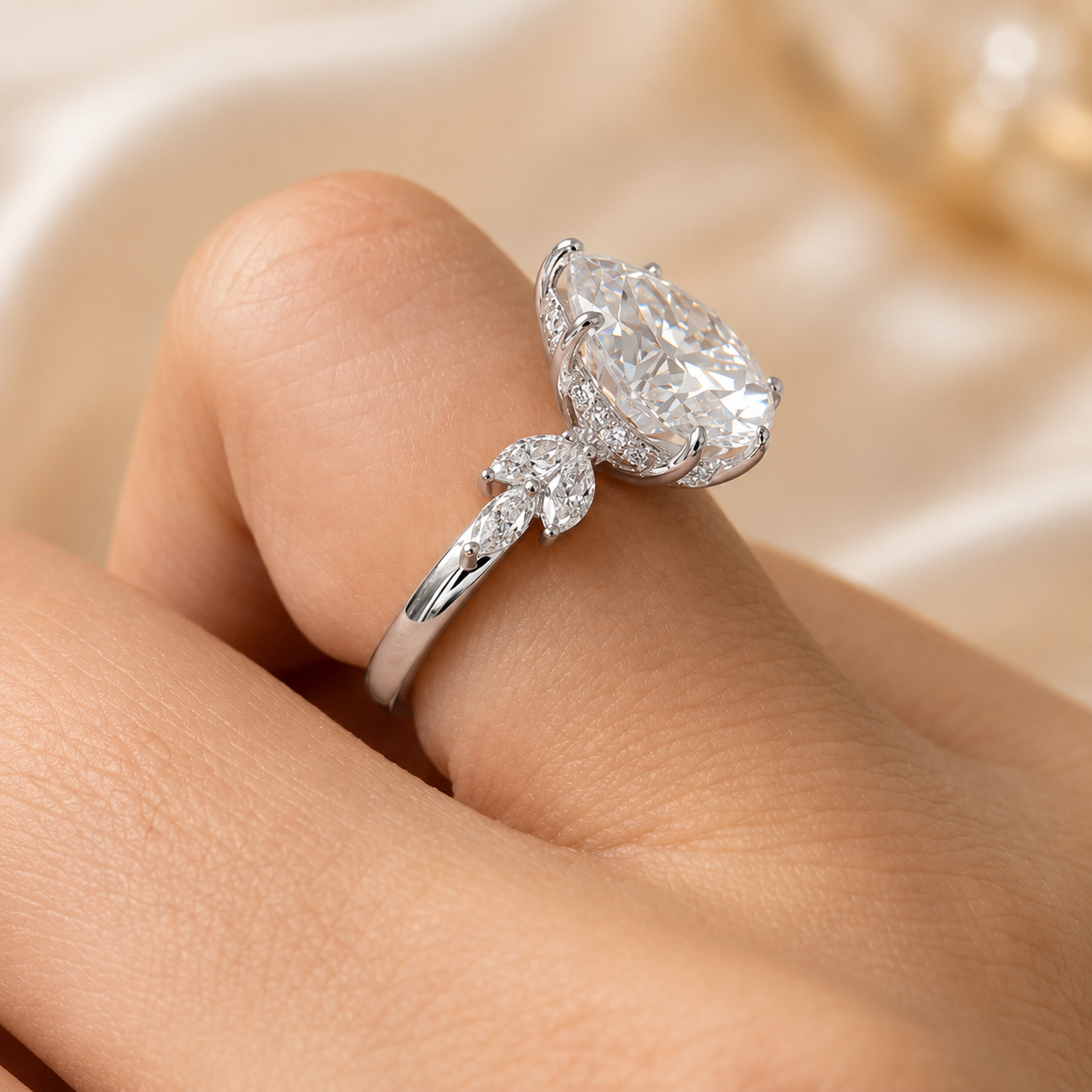 2.50 CT Pear Cut Lab-Grown Diamond Hidden Halo Engagement Ring in 14K White Gold – Marquise Accent Bridal Design