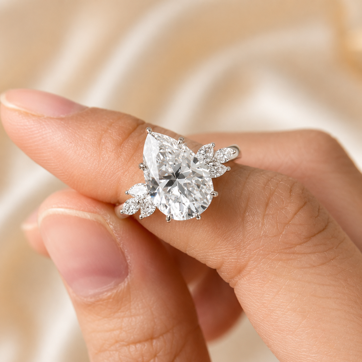 2.50 CT Pear Cut Lab-Grown Diamond Hidden Halo Engagement Ring in 14K White Gold – Marquise Accent Bridal Design