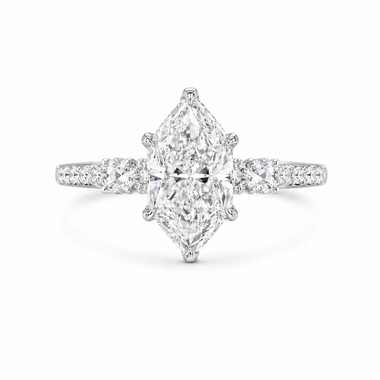 4.00 CT Dutch Marquise Lab-Grown Diamond Hidden Halo Engagement Ring in 14K White Gold – Rose Cut Side Stone Design