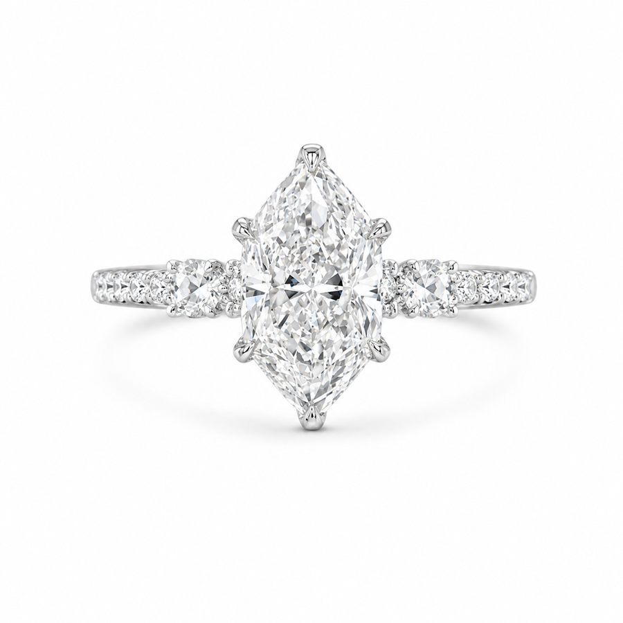 4.00 CT Dutch Marquise Lab-Grown Diamond Hidden Halo Engagement Ring in 14K White Gold – Rose Cut Side Stone Design