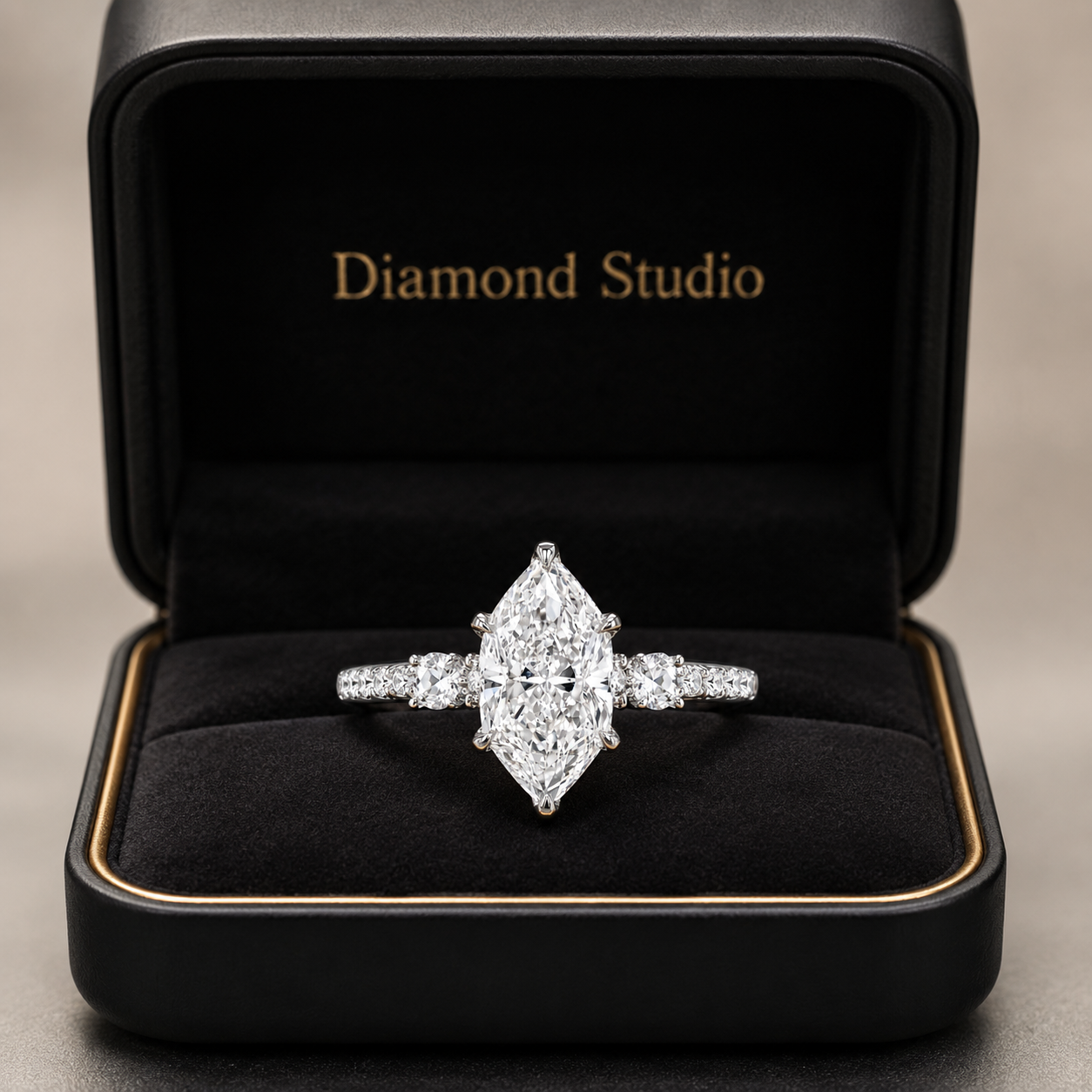 4.00 CT Dutch Marquise Lab-Grown Diamond Hidden Halo Engagement Ring in 14K White Gold – Rose Cut Side Stone Design