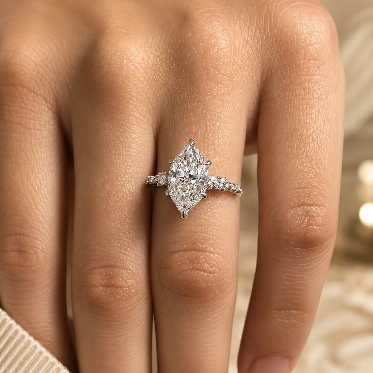 4.00 CT Dutch Marquise Lab-Grown Diamond Hidden Halo Engagement Ring in 14K White Gold – Rose Cut Side Stone Design