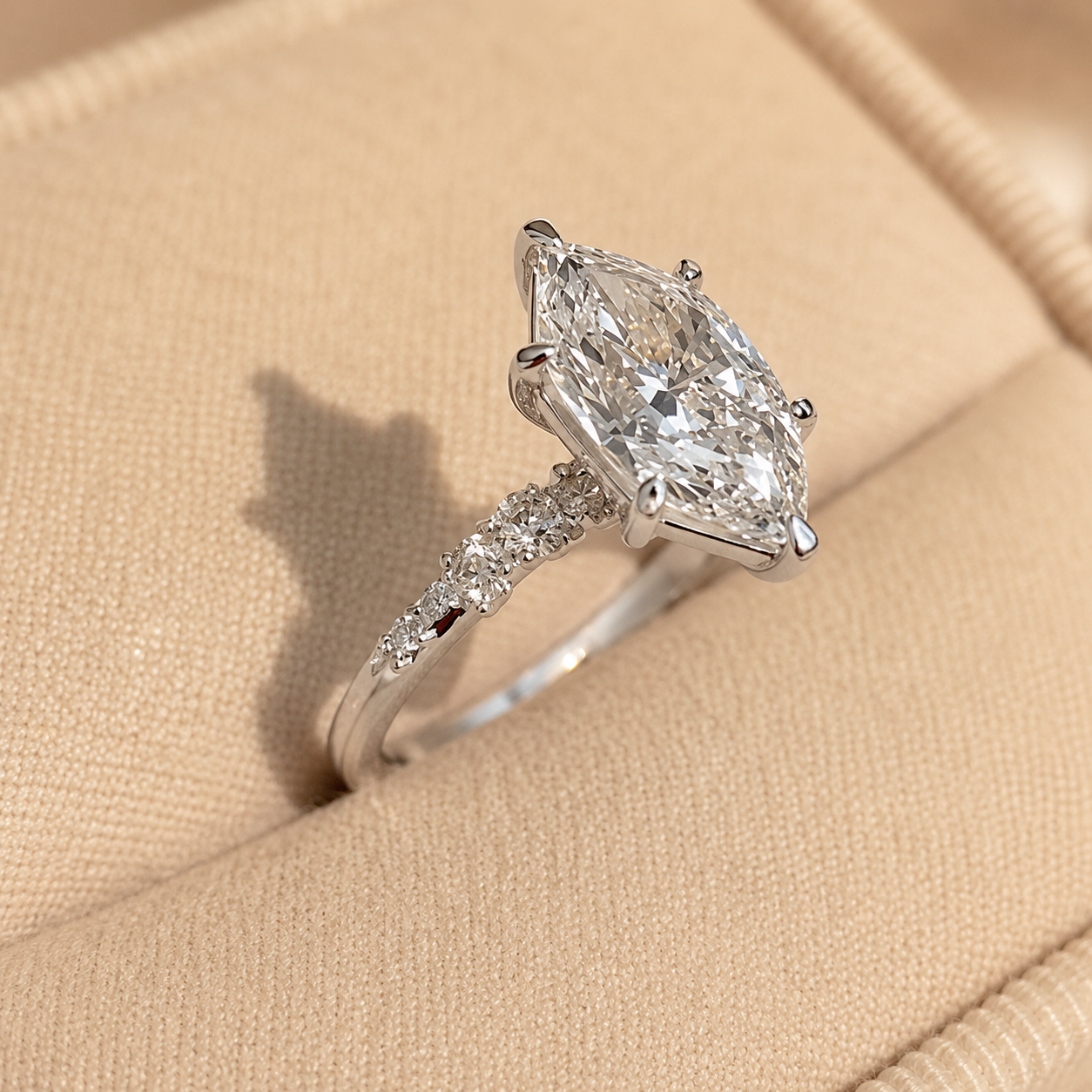 4.00 CT Dutch Marquise Lab-Grown Diamond Hidden Halo Engagement Ring in 14K White Gold – Rose Cut Side Stone Design