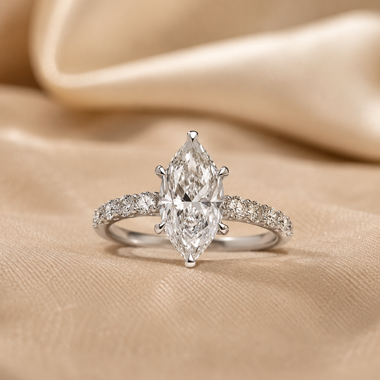 4.00 CT Dutch Marquise Lab-Grown Diamond Hidden Halo Engagement Ring in 14K White Gold – Rose Cut Side Stone Design