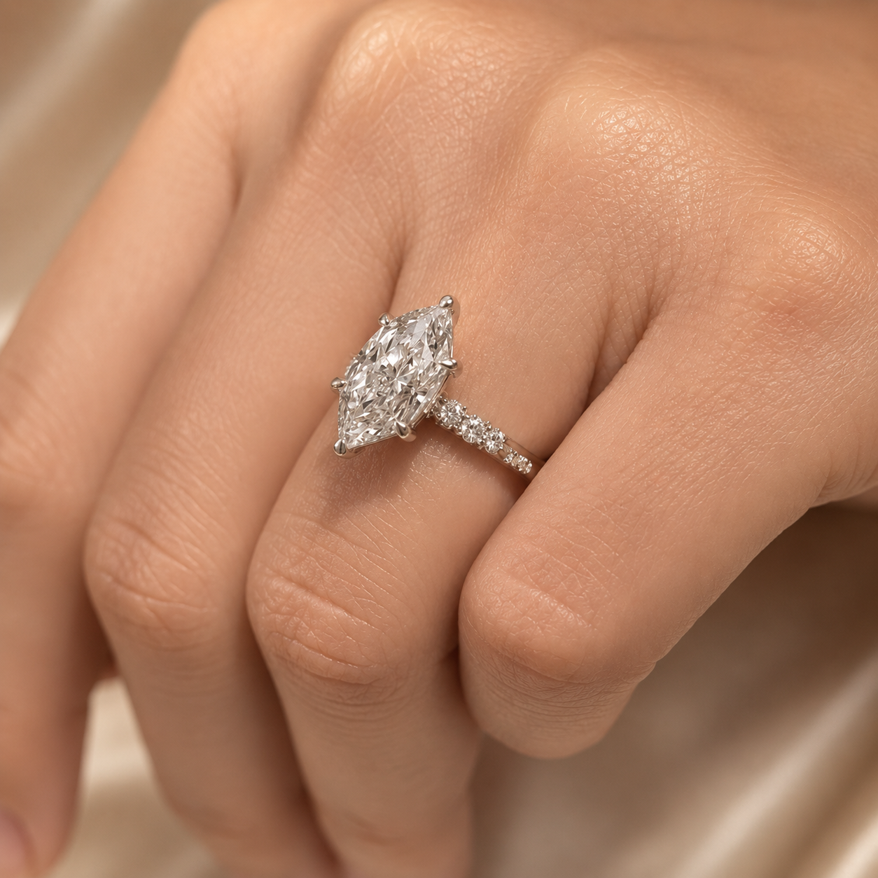 4.00 CT Dutch Marquise Lab-Grown Diamond Hidden Halo Engagement Ring in 14K White Gold – Rose Cut Side Stone Design