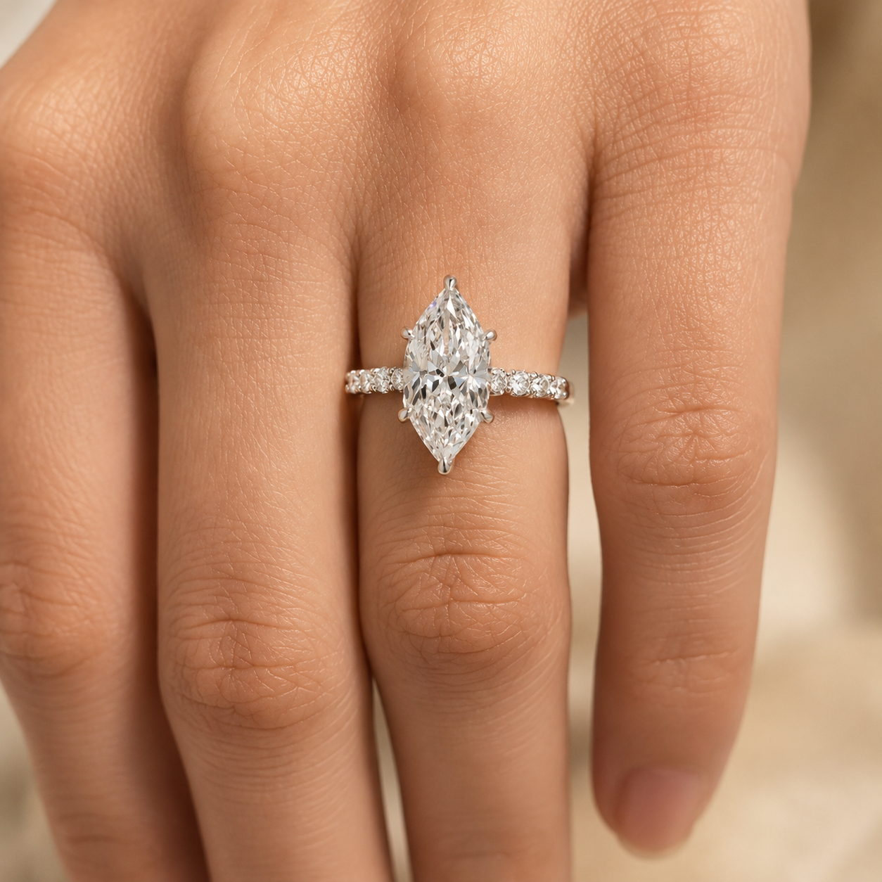 4.00 CT Dutch Marquise Lab-Grown Diamond Hidden Halo Engagement Ring in 14K White Gold – Rose Cut Side Stone Design