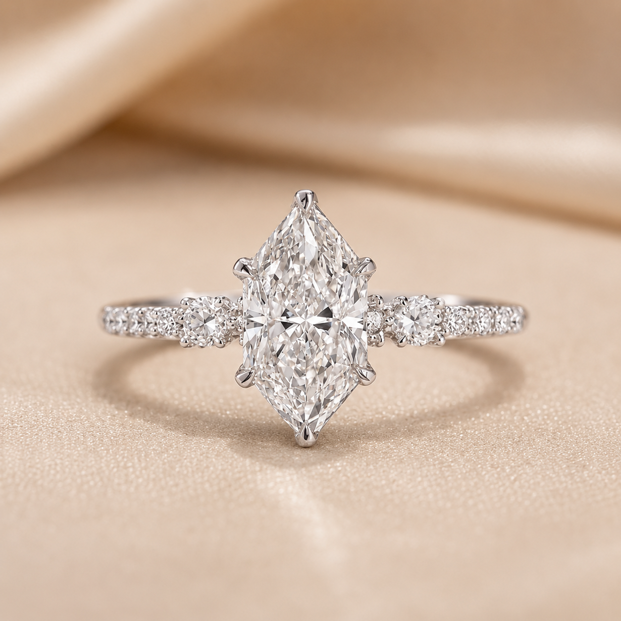 4.00 CT Dutch Marquise Lab-Grown Diamond Hidden Halo Engagement Ring in 14K White Gold – Rose Cut Side Stone Design