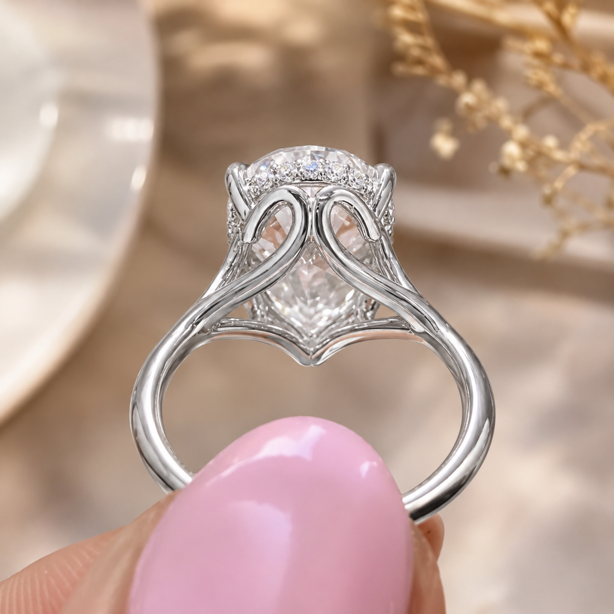4.00 CT Pear Cut Lab-Grown Diamond Hidden Halo Engagement Ring in 14K White Gold – Vintage Art Deco Tulip Cathedral Design