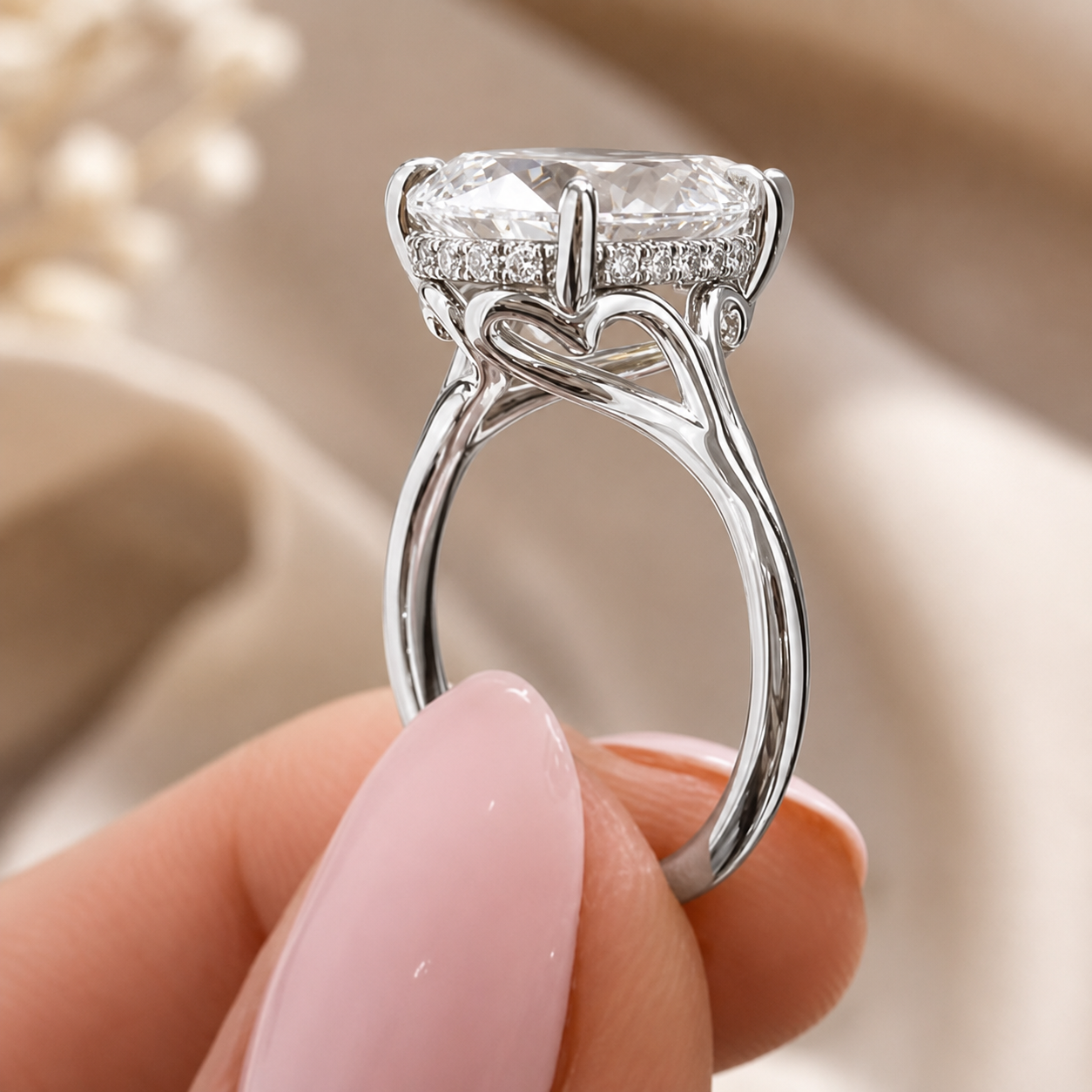 4.00 CT Pear Cut Lab-Grown Diamond Hidden Halo Engagement Ring in 14K White Gold – Vintage Art Deco Tulip Cathedral Design