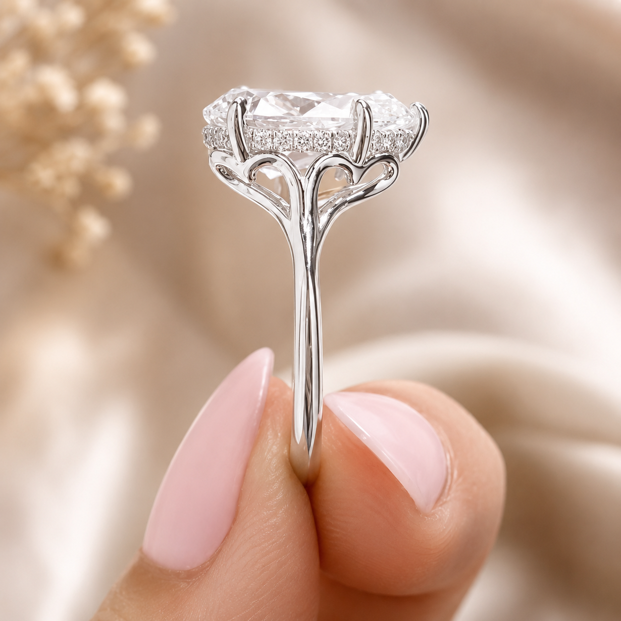 4.00 CT Pear Cut Lab-Grown Diamond Hidden Halo Engagement Ring in 14K White Gold – Vintage Art Deco Tulip Cathedral Design