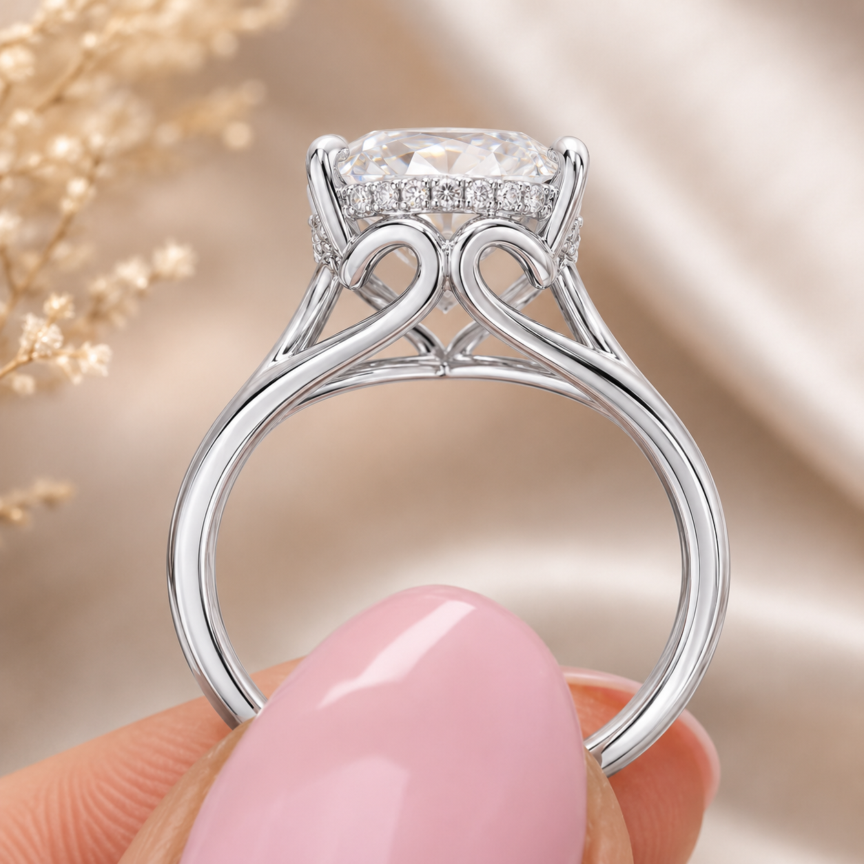 4.00 CT Pear Cut Lab-Grown Diamond Hidden Halo Engagement Ring in 14K White Gold – Vintage Art Deco Tulip Cathedral Design