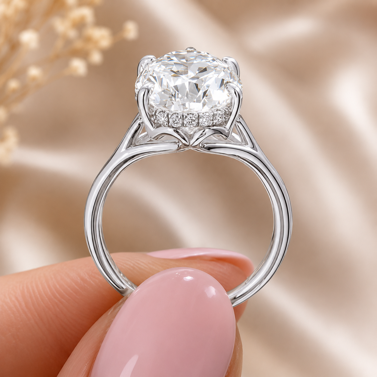 4.00 CT Pear Cut Lab-Grown Diamond Hidden Halo Engagement Ring in 14K White Gold – Vintage Art Deco Tulip Cathedral Design