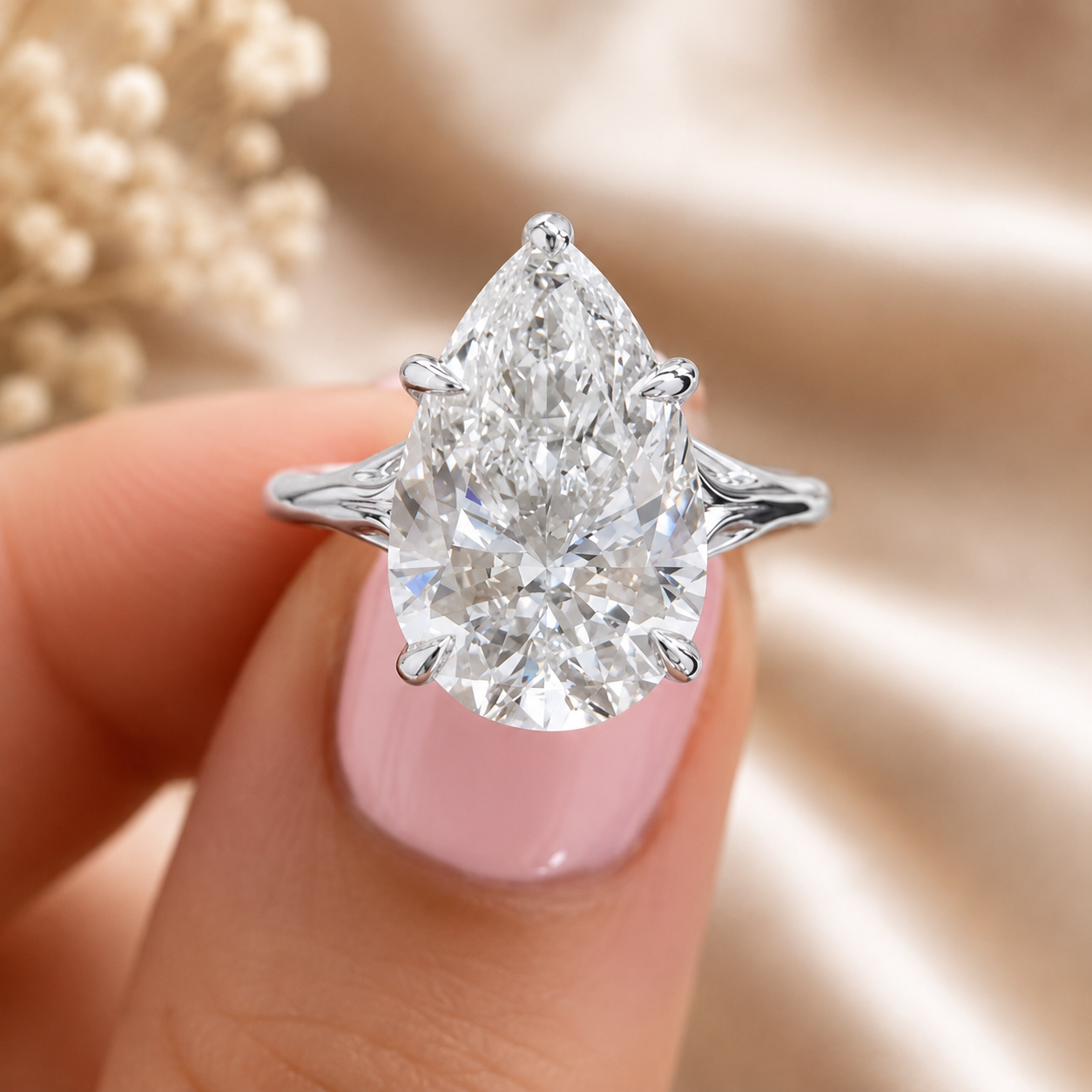 4.00 CT Pear Cut Lab-Grown Diamond Hidden Halo Engagement Ring in 14K White Gold – Vintage Art Deco Tulip Cathedral Design
