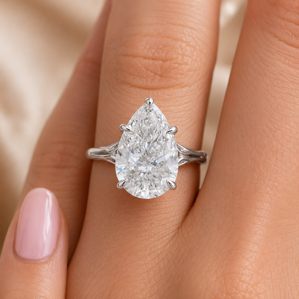 4.00 CT Pear Cut Lab-Grown Diamond Hidden Halo Engagement Ring in 14K White Gold – Vintage Art Deco Tulip Cathedral Design